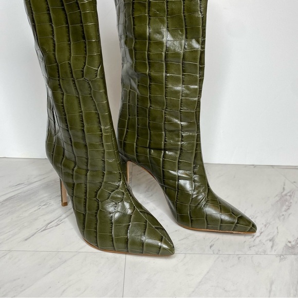 Schutz Maryana Military Green Crocodile Embossed Leather Tall Heeled Boot 5B - Picture 10 of 15